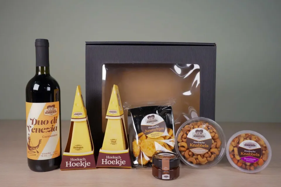 Hoeksche Gebroeders Oud-Beijerland geschenkpakket kaas wijn