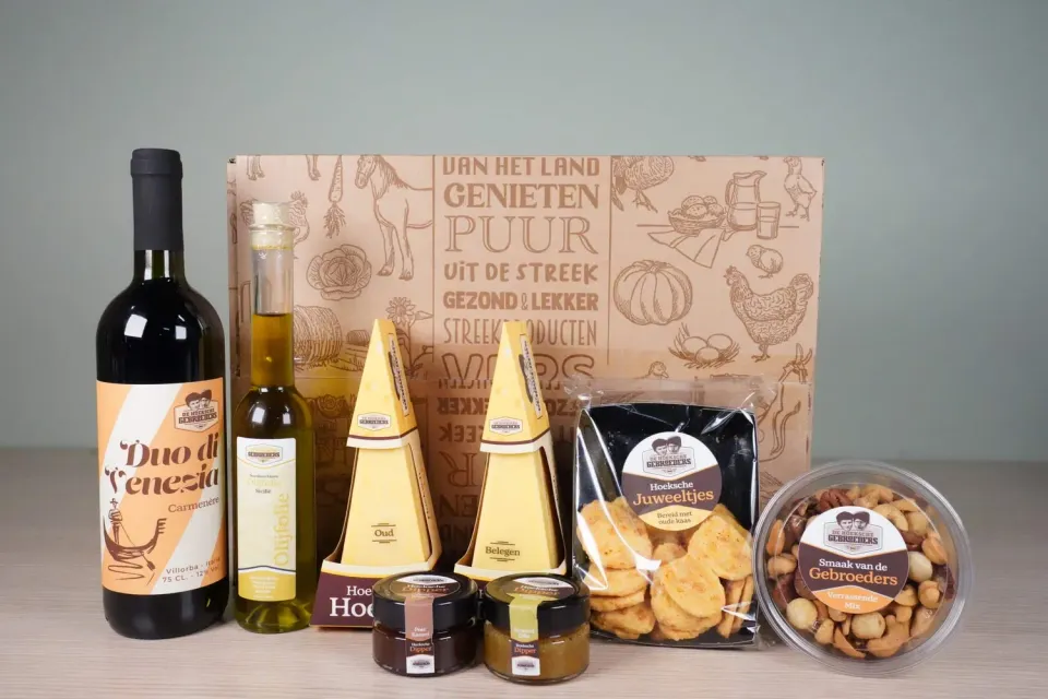 Hoeksche Gebroeders Binnenmaas geschenkpakket met wijn en kaas