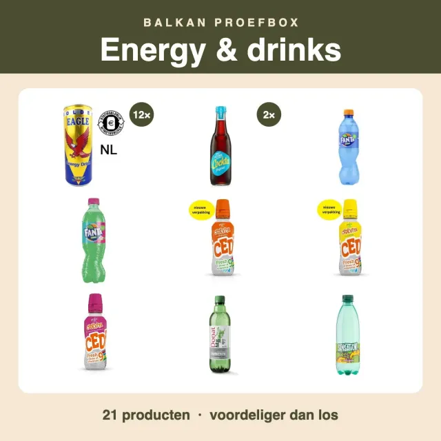 Balkan Taste Proefbox Energy & Drinks 21 stuks met energydrink