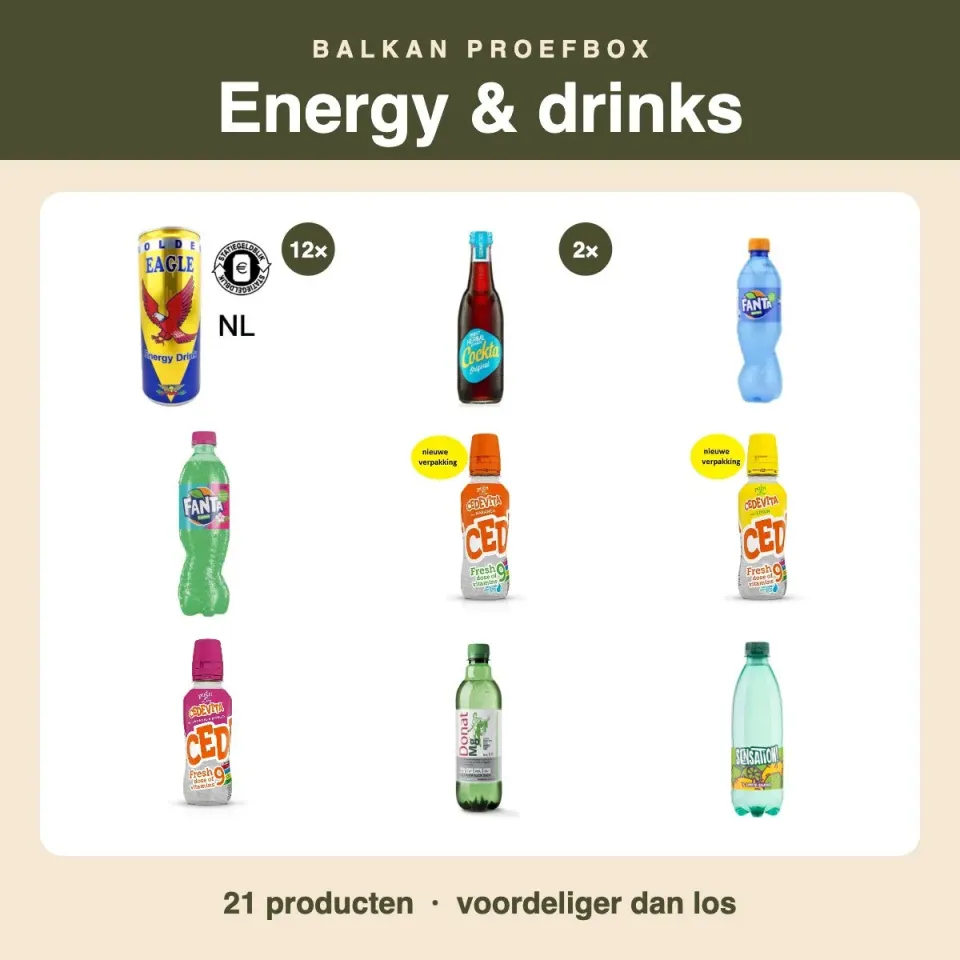 Balkan Taste Proefbox Energy & Drinks 21 stuks met energydrink